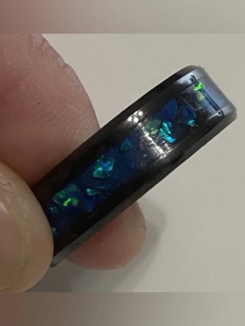 Sapphire Cobalt Blue Opal Inlay Black Ceramic Titanium Carbide Band - Jewelry